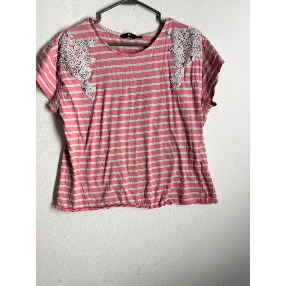 Fig Pink White Striped Lace Shoulder Short Sleeve Top XL 102cm Scoop Neck Tee